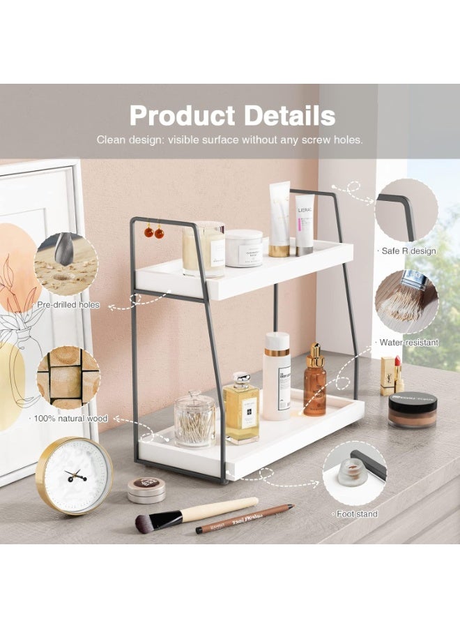 Bathroom Counter Organizer, 2 tier Bathrooom Organizer Over Toilet, Wood Countertop Corner Organizer Shelf for Vanity Accessories, Sink Organizer Tray for Makeup Bedroom (White-Grey) - Image 5